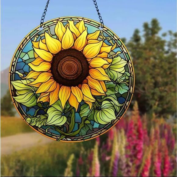 Sunflower Window Hanging, Suncatcher With Metal Chain 5.9 ×5.9 Inches - Picture 1 of 6